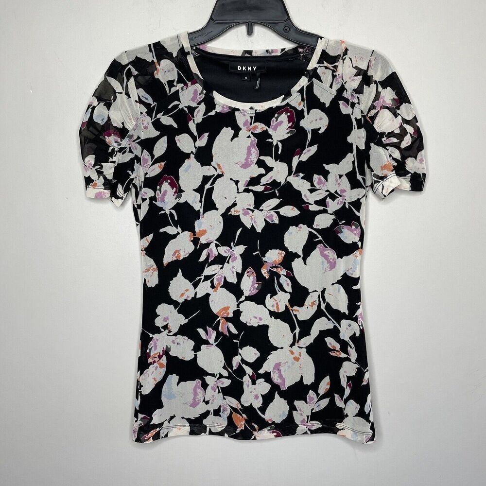 DKNY Top Womens XS Black Floral Short Sleeve Shirt Mesh Stretch